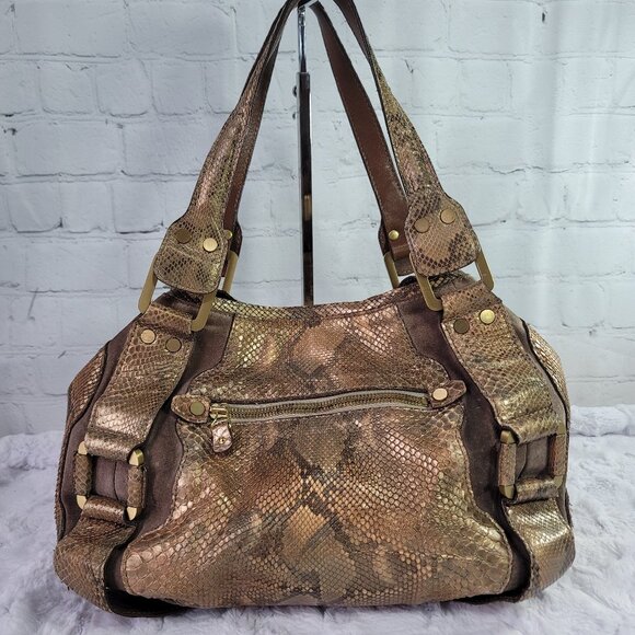 JIMMY CHOO Mahala Bowler Tote Gold Phyton Print Shoulder Bag - Picture 7 of 16